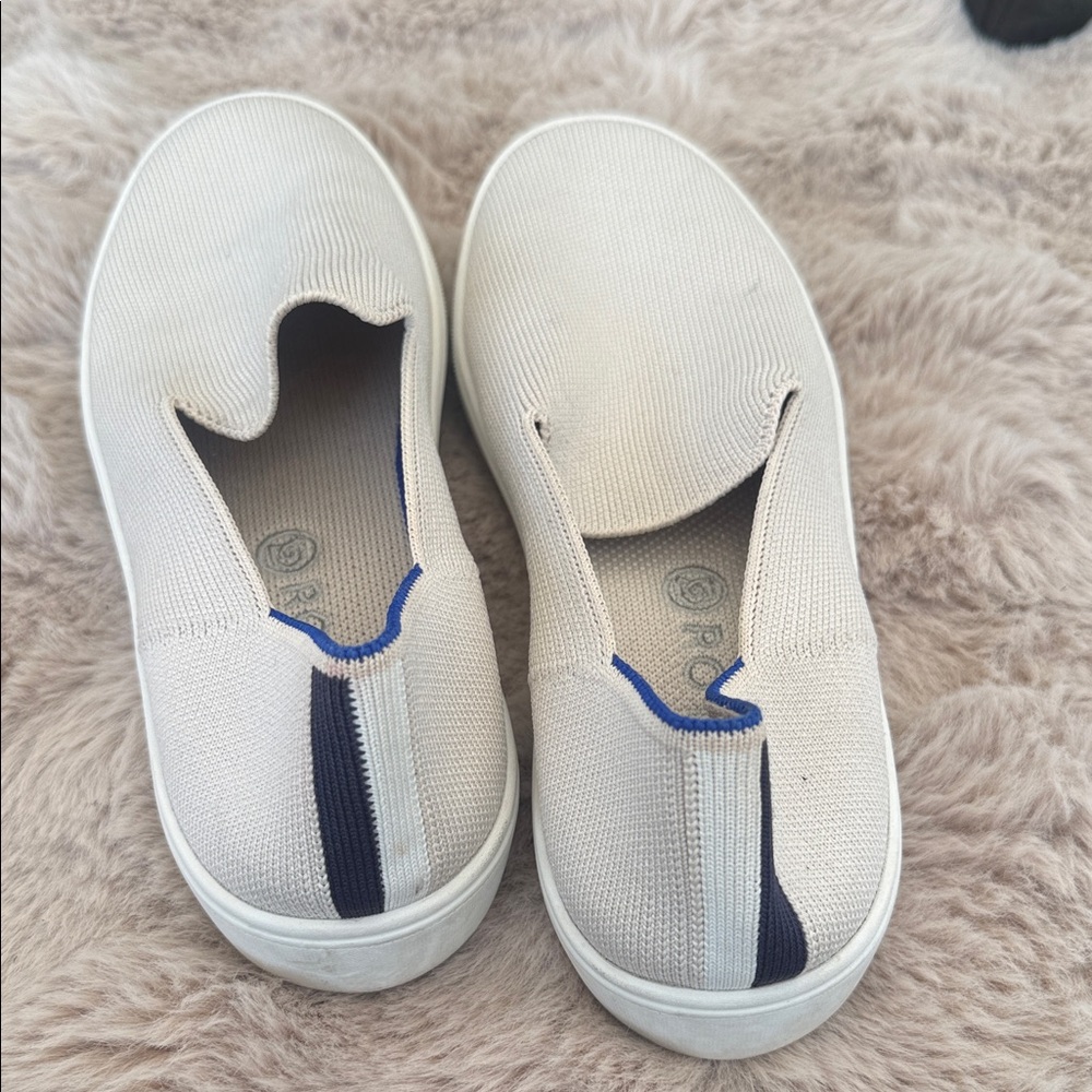 Rothy's Cream Knit Slip-Ons with Blue Trim